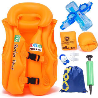 Children's inflatable swimsuit vest, rescue vest, swimming ring, thickened baby and child swimming auxiliary buoyancy vest equipment, l size 45-70jin jin is equal to 0.5kg, blue life jacket + swimming goggles + nose clip + earplugs + pump