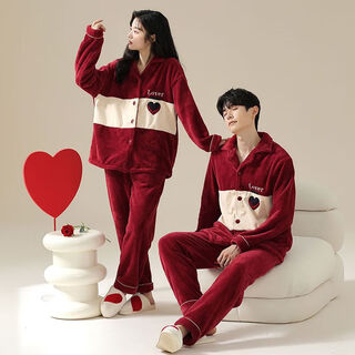 Victoria style wedding couple pajamas winter coral velvet warm red zodiac year newlywed men and women home wear outer suit cy9950 m female + male l