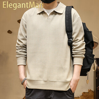 Elegantman american retro heavyweight waffle polo shirt men's long-sleeved winter loose henry shirt tough guy handsome v-neck sweatshirt gray apricot m _ -130jin jin equals 0.5 kg