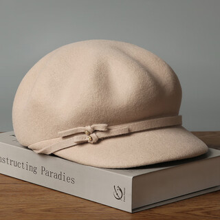 Lanshimengdai 2025 new fashion wool octagonal hat with bow decoration, elegant retro versatile casual hat for women autumn and winter beige 56-58cm