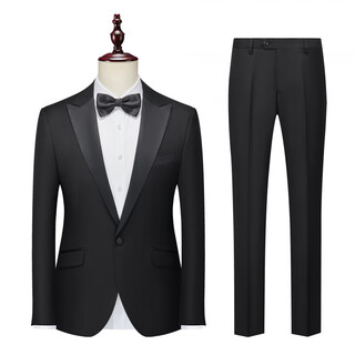 Fat donglai quality peak lapel suit suit men's dress student art exam performance formal groom wedding host peak lapel black (top + trousers + bow tie) m (114-129jin jin equals 0.5 kg)