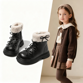 Lekali girls' martin short boots children's shoes 2025 autumn and winter new snow boots plus velvet little leather boots princess girls' warm martin short boots black bow tie 32 size