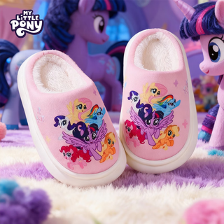 My little pony children's cotton slippers indoor autumn and winter warm and anti-slip 6-12 years old girls' plus velvet cotton slippers pink size 28-29