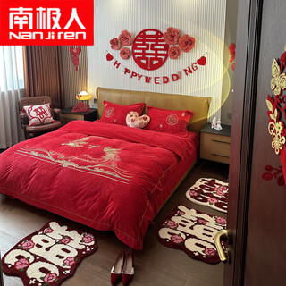 Nanjiren wedding high weight baby velvet embroidery four-piece set red wedding embroidered quilt cover sheet wedding quilt bed dragon zhang fengzi 1.5m sheet style four-piece quilt cover 200*230cm