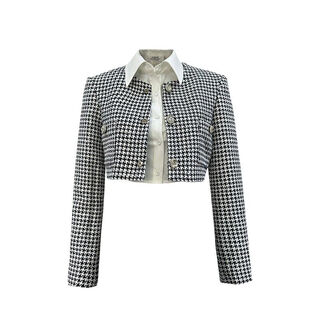 Plaid jacket women's short rose story yellow rose button long sleeve small fragrance style jacket shirt s s