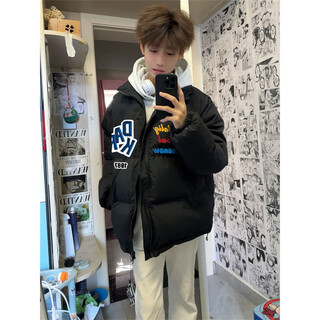 Cantu national trend retro hiphop down jacket men's winter high street trend embroidered letters cotton coat warm cotton jacket black l