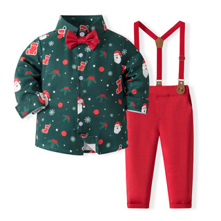 Misid christmas clothes children's suit new children's christmas children's clothing long-sleeved shirt overalls boys gentleman gift red 12-18m one size
