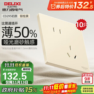 德力西（DELIXI）开关插座 CD295超薄哑光磨砂大面板86型暗装银桂黄斜五孔10只装