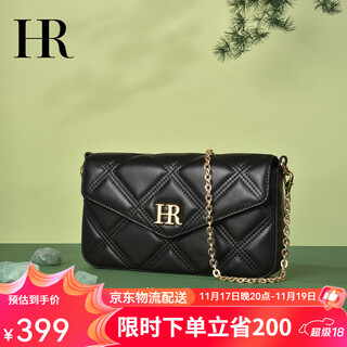 HR赫莲娜包包女包单肩斜挎包夏天小方包头层牛皮菱格链条包生日礼物 黑色