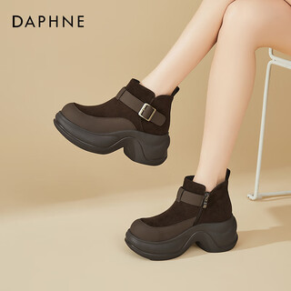 Daphne daphne thick-soled short boots for women, fashionable retro plus velvet ankle boots for women, british small ones, heightening and warm women's boots, brown 37