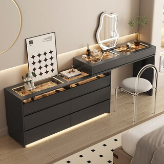 Turbosun bedside table bedroom 2025 new style dressing table with safe italian minimalist dressing table and drawer cabinet integrated bedroom bed 1 meter floating dresser + six drawer cabinet + goose down round stool dark gray 100x40x65cm
