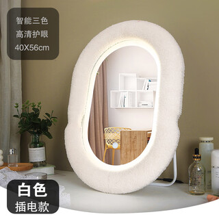 Internet celebrity mirror makeup mirror desktop led with light dressing light style desktop simple household special-shaped oval beauty beige white 40*56 three-color light (plug-in model
