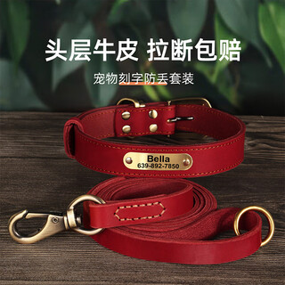 Didogpet genuine cowhide dog collar engraved anti-lost small and medium-sized dog collar collar collar teddy corgi out dog walking leash shaoxihong 1.5m leash set 2xl reference weight 60-90jin jin equals 0.5 kg