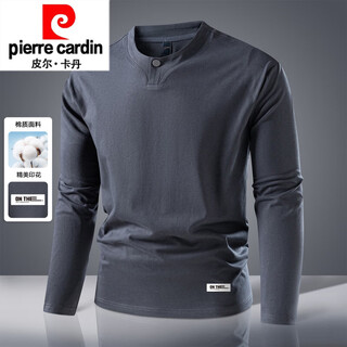 Pierre cardin heavyweight milan color spring and autumn new four-button henry collar men's long-sleeved t-shirt business top bottoming shirt knitted dark gray l 175/92a