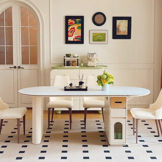 Jutingmei french cream-style slate dining table for home folding small apartment retractable island dining table against the wall semi-circular sideboard 1.4-meter slate dining table