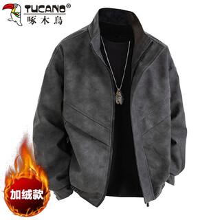 Woodpecker (tucano) leather men's jacket autumn and winter men's loose premium jacket windproof retro top black gray velvet 2xl