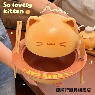 捷顺行烤面包小猫泡面碗可爱餐具大容量带盖创意家居漂亮陶瓷碗一套 小猫泡面碗700ml 碗+筷子+勺子 礼盒装