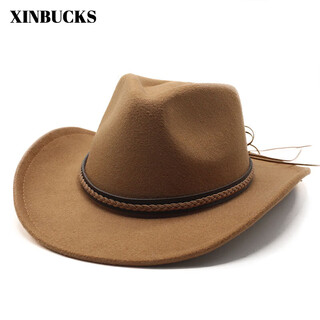 Xinbucks western cowboy hat men's fashion top hat ethnic style felt hat stage props jazz cycling hat khaki suitable for 55-58cm