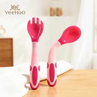 Kaooseen baby learning to eat training spoon elbow fork and spoon set baby temperature sensing food spoon curved children's tableware multi-angle twist + temperature sensing spoon plum blossom red
