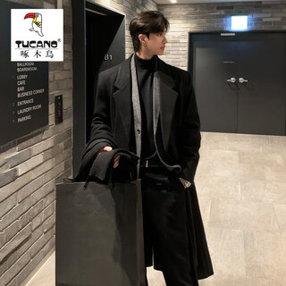 Woodpecker (tucano) autumn and winter korean style maillard woolen coat for men, high-end, mid-length shoulder-padded windbreaker, knee-length loose woolen coat, black cotton, thickened, order to get the same scarf as the model 3xl 180-200jin jin is equal to 0.5 kg