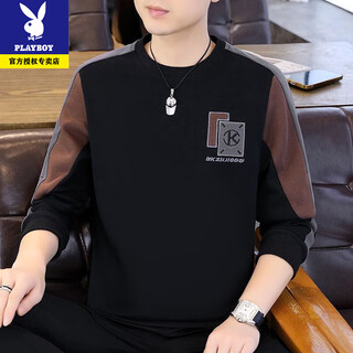 Playboy spring and autumn style men's sweatshirt 2025 new round neck hoodless embroidered long sleeve t-shirt men's trendy and handsome bottoming top spring and autumn style-8822 black high quality xl recommended 130-150jin jin is equal to 0.5 kg