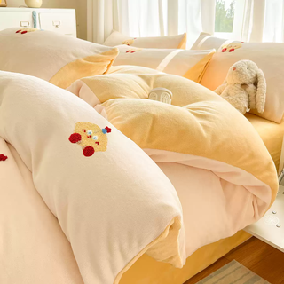 Fantasy winter double-sided thickened milk velvet bed four-piece coral quilt cover children's flannel autumn and winter 2025 new style lemon baby thickened milk velvet/towel embroidered bed sheet style 1.8m bed 1.8m bed