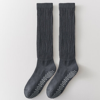 Long yoga socks for women in autumn and winter, terry non-slip pilates running and fitness calf bubble socks, gray, tube height 35cm, 1 pair, one size fits all (35-40) terry bottom/anti-slip glue