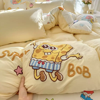 Yusenyi cute washed cotton towel embroidered four-piece bed sheet, quilt cover, fitted sheet, pure cotton, cotton student dormitory spongebob custard, type a towel embroidery, soft and skin-friendly, 1.2m bed sheet, dormitory three-piece quilt cover 150x200