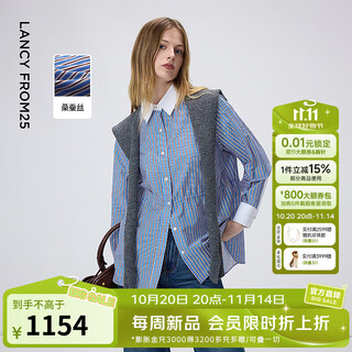 Langzi drawstring contrasting color embroidered shirt design fashionable lapel top commuting temperament 2026 spring new style paris blue s