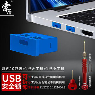 索厉usb端口锁 usb物理安全锁 usb锁封口塞 usb安全塞 usb 可拆卸防尘塞、蓝色10个+2把工具/20102