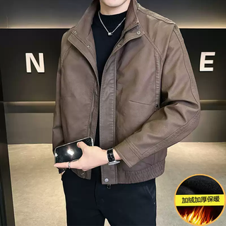 Jiayu leather men's jacket autumn and winter 2025 new trendy brand stand collar men's high-end handsome motorcycle leather jacket coffee color plus velvet style m m