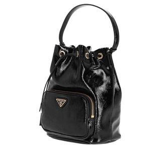 Prada women's bucket bag drawstring closure front pocket design portable storage simple style black sheepskin glossy black tu