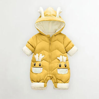 Newborn baby winter outing clothes, winter thickened clothes, down jacket, baby warm hooded jumpsuit, yellow, velvet and thickened, hidden button opening, one size fits all, 70, recommended for 0-5 months