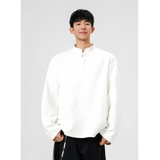 Velvet right shoulder henry collar polo shirt deconstructed splicing t-shirt long-sleeved autumn and winter men's sweatshirt trendy brand white-no velvet l recommended 100-110jin jin equals 0.5 kg