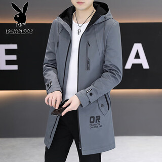 Playboy (playboy) mid-length windbreaker for men 2025 autumn and winter new fashion brand velvet jacket slim and handsome casual coat cotton-padded jacket for men gray hhgzxc3nafnp 3xl recommended 160-175jin jin equals 0.5 kg