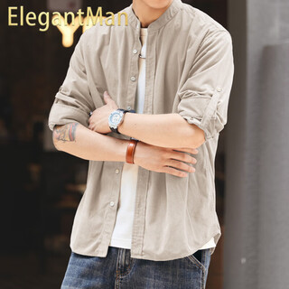 Elegantman high-end vintage henry collar long-sleeved shirt men's loose autumn new casual shirt jacket apricot xl_suitable for 150-170jin jin equals 0.5 kg