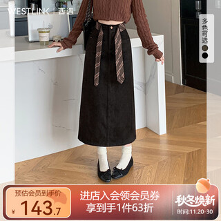 Westlink suede mid-length skirt women's 2025 winter new design ribbon back slit high waist straight skirt black payment will be shipped within 15 days s (155)