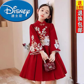 Disney (disney) 25 new red dress princess winter velvet children's long-sleeved skirt girls autumn and winter dress spring and autumn new year velvet skirt 1755* red 140
