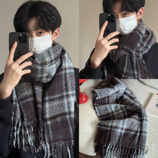 Fat donglai's korean style men's plaid high-end scarf for students in autumn and winter to keep warm and versatile for boys, fujinokawa