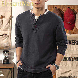Elegantman american retro henry collar sweater men's cotton 2025 winter new thickened warm knitted bottoming shirt henry shirt gray blue s
