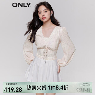 Only autumn gentle temperament v-neck puff sleeve waist short chiffon shirt for women|123251005 hb5 amy print-first batch of orders m (165) 84a