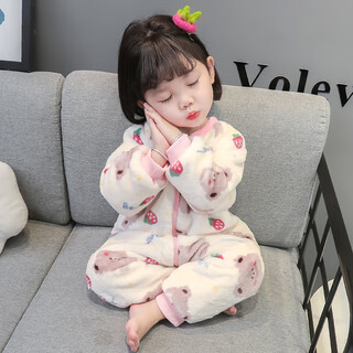Langsha children's one-piece pajamas coral velvet baby girl autumn and winter plus velvet thickened flannel crawler cartoon baby sleeping bag pink double layer plus velvet thickened room temperature 0-10 degrees m 80cm recommended for 0-1 years old