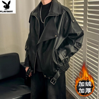 Playboy (playboy) velvet thickened pu leather jacket men's autumn and winter plush jacket korean style light mature style loose cotton coat w88 black velvet m