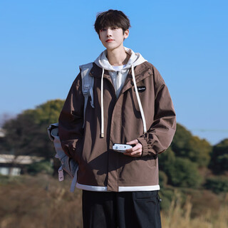 Wei qian jacket men's autumn and winter 2025 new fake two-piece casual work jacket men's velvet thickened trendy windbreaker et-5683 brown xl