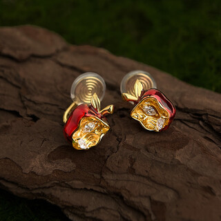 S925 silver needle personalized thick plated 18k gold drop glaze red apple zircon earrings niche design exquisite ear clip ear ear clip style