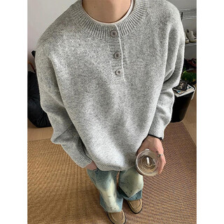 Xiaotu daren hong kong style henry collar sweater for men in autumn and winter, high-end lazy style bottoming sweater, cleanfit casual inner wear, light gray xl