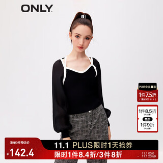 Only summer commuting style versatile french solid color square collar short chiffon shirt for women|123351008 e03 jet black 165/84a/m