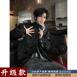 Xuansentu (xuansentu) american black mountain sculpture leather jacket coat cotton coat men's winter velvet thickened handsome male model fur collar cotton coat black cotton coat upgraded version s