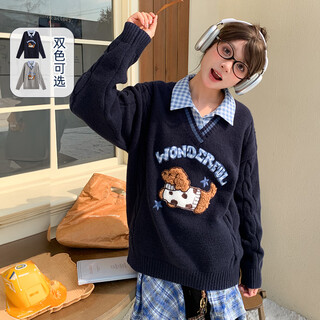 Mori girl tribe mori girl tribe college style cartoon embroidered pullover sweater women's new fake two-piece design warm sweater winter blue sweater m