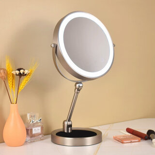 Led folding makeup mirror double-sided lighted tabletop smart makeup mirror magnifying beauty mirror lift height 8 inches stainless steel color flat surface + 10 times magnification three-tone lighting